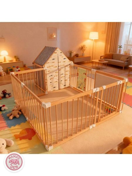 Natural wood 10-panel playpen