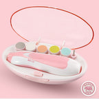 Pink electric baby nail file in its storage case with 6 heads