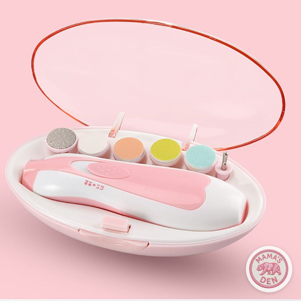 Pink electric baby nail file in its storage case with 6 heads