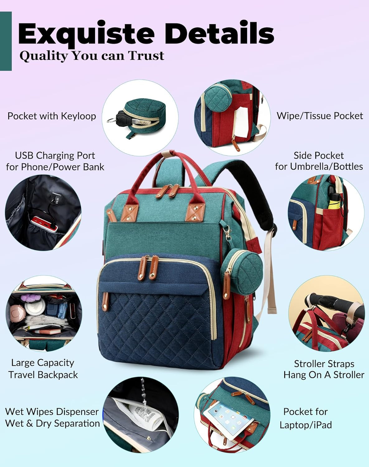 Diaper Bag with Changing Station, Baby Backpack with Foldable Changing Pad
