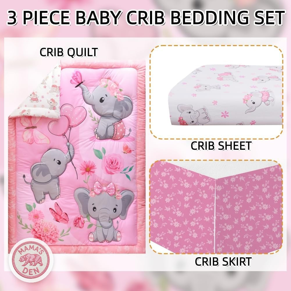 Pink elephant crib bedding set, view 2 of 8