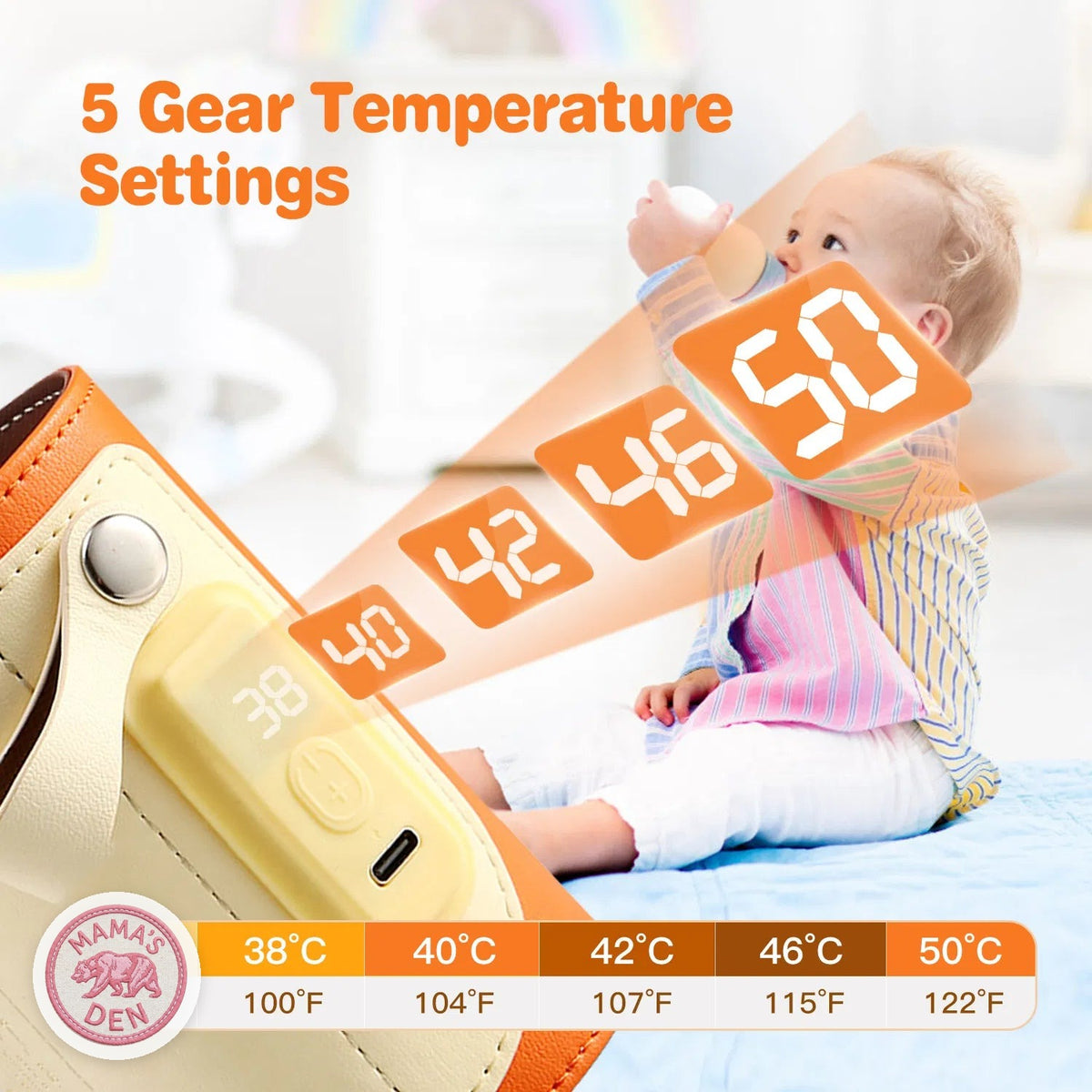 5 temperature settings from 100°F to 122°F