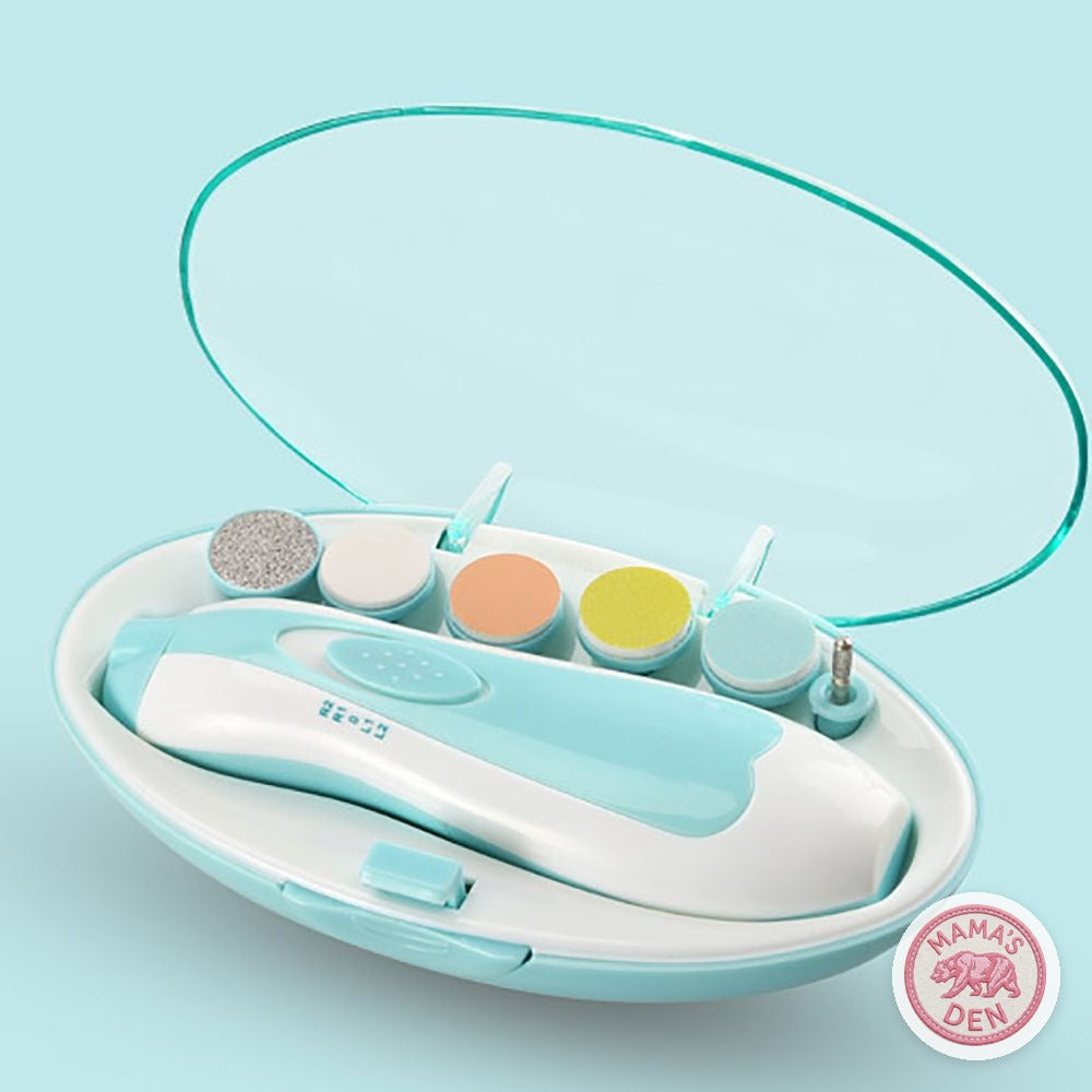 Blue electric baby nail file in its storage case with 6 heads