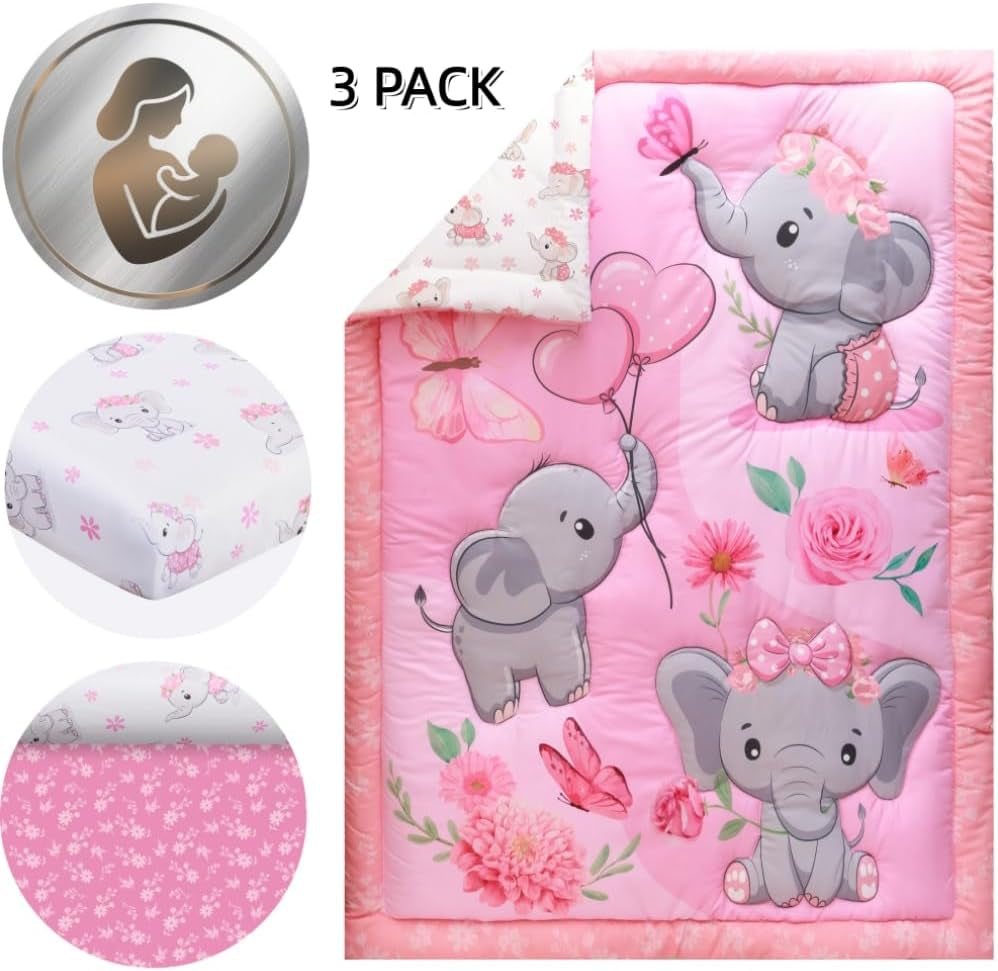 Baby Girl Crib Bedding Set Pink Elephant Crib Nursery Comforter Bed Sets Decor with Fitted Crib Sheet, Comforter and Bed Skirt for Boys Girls (Elephant)