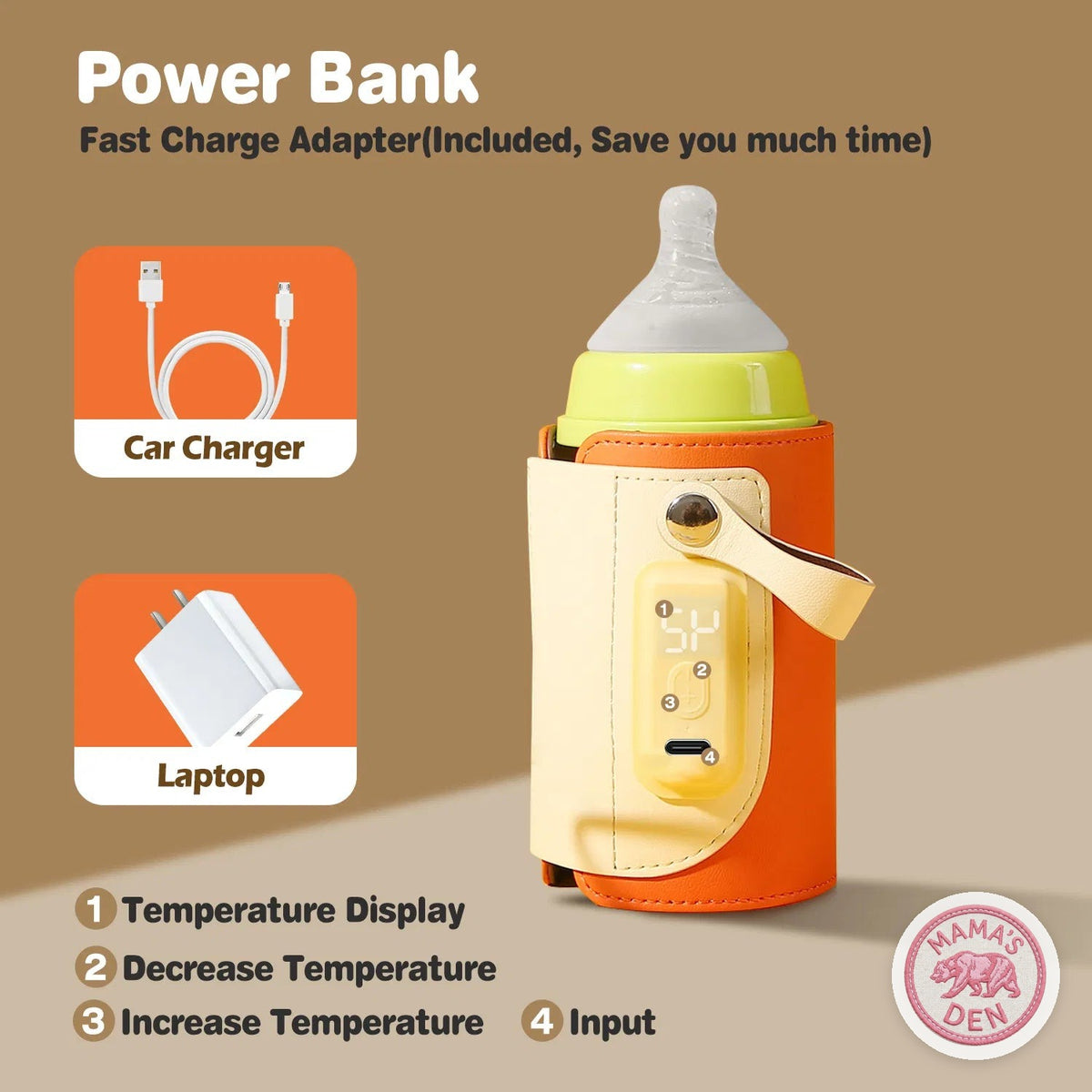 Powers from the included fast-charge adapter, a power bank, car charger or laptop