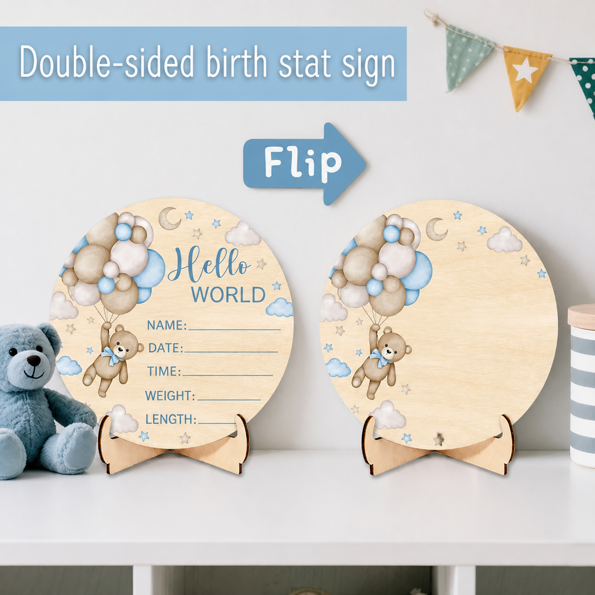 Hello World Teddy Birth Announcement Sign