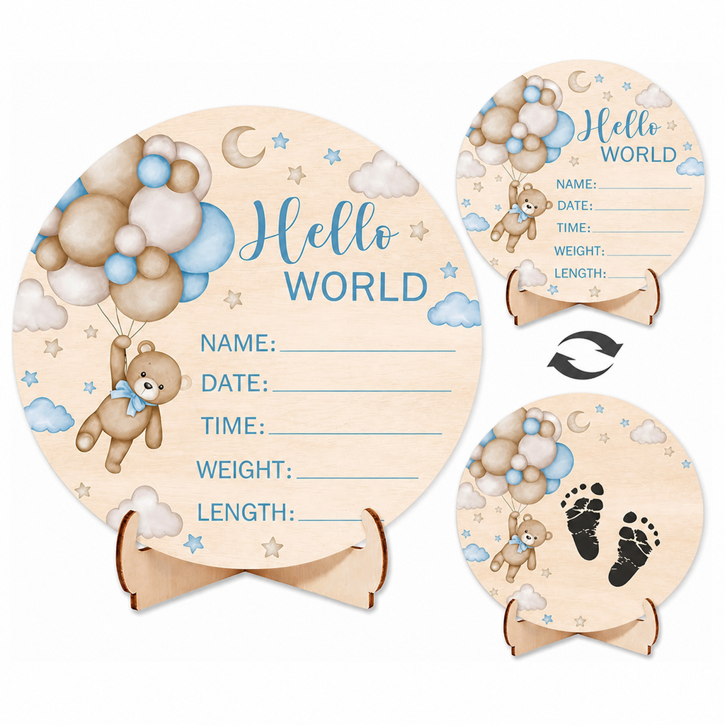 Hello World Teddy Birth Announcement Sign