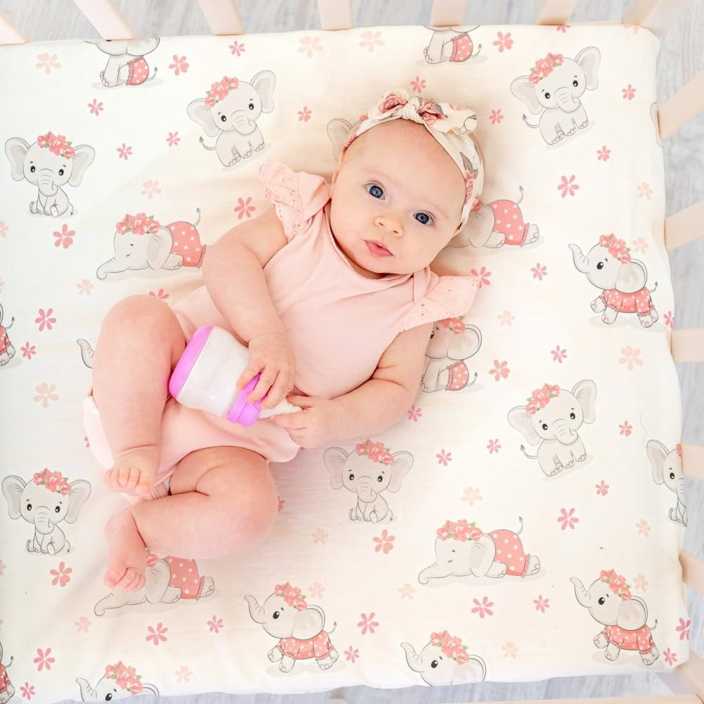 Baby Girl Crib Bedding Set Pink Elephant Crib Nursery Comforter Bed Sets Decor with Fitted Crib Sheet, Comforter and Bed Skirt for Boys Girls (Elephant)