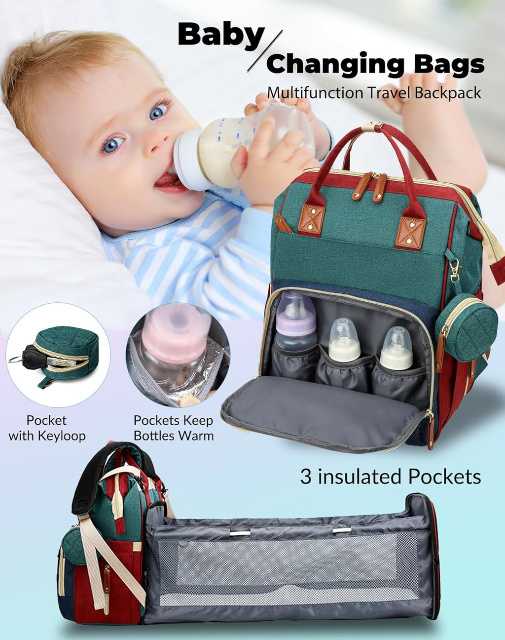 Diaper Bag with Changing Station, Baby Backpack with Foldable Changing Pad