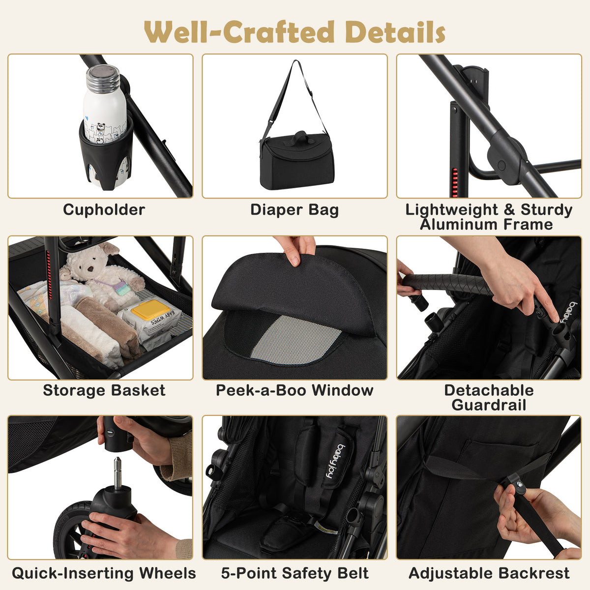 Bearmobile Cradle details and included diaper bag
