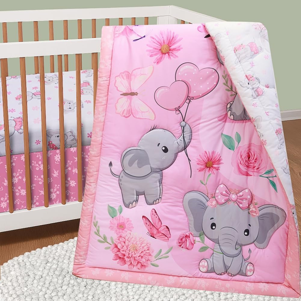 Baby Girl Crib Bedding Set Pink Elephant Crib Nursery Comforter Bed Sets Decor with Fitted Crib Sheet, Comforter and Bed Skirt for Boys Girls (Elephant)