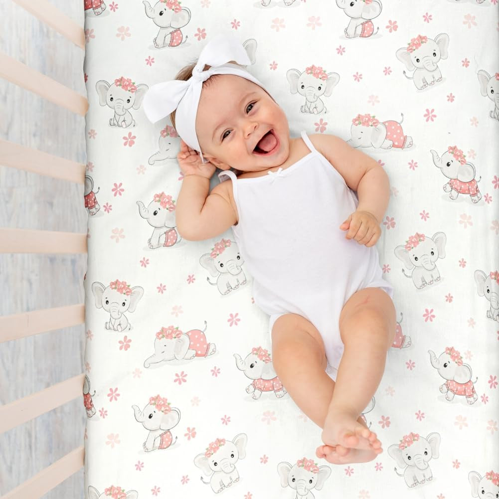 Baby Girl Crib Bedding Set Pink Elephant Crib Nursery Comforter Bed Sets Decor with Fitted Crib Sheet, Comforter and Bed Skirt for Boys Girls (Elephant)