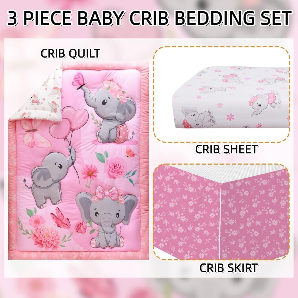 Baby Girl Crib Bedding Set Pink Elephant Crib Nursery Comforter Bed Sets Decor with Fitted Crib Sheet, Comforter and Bed Skirt for Boys Girls (Elephant)