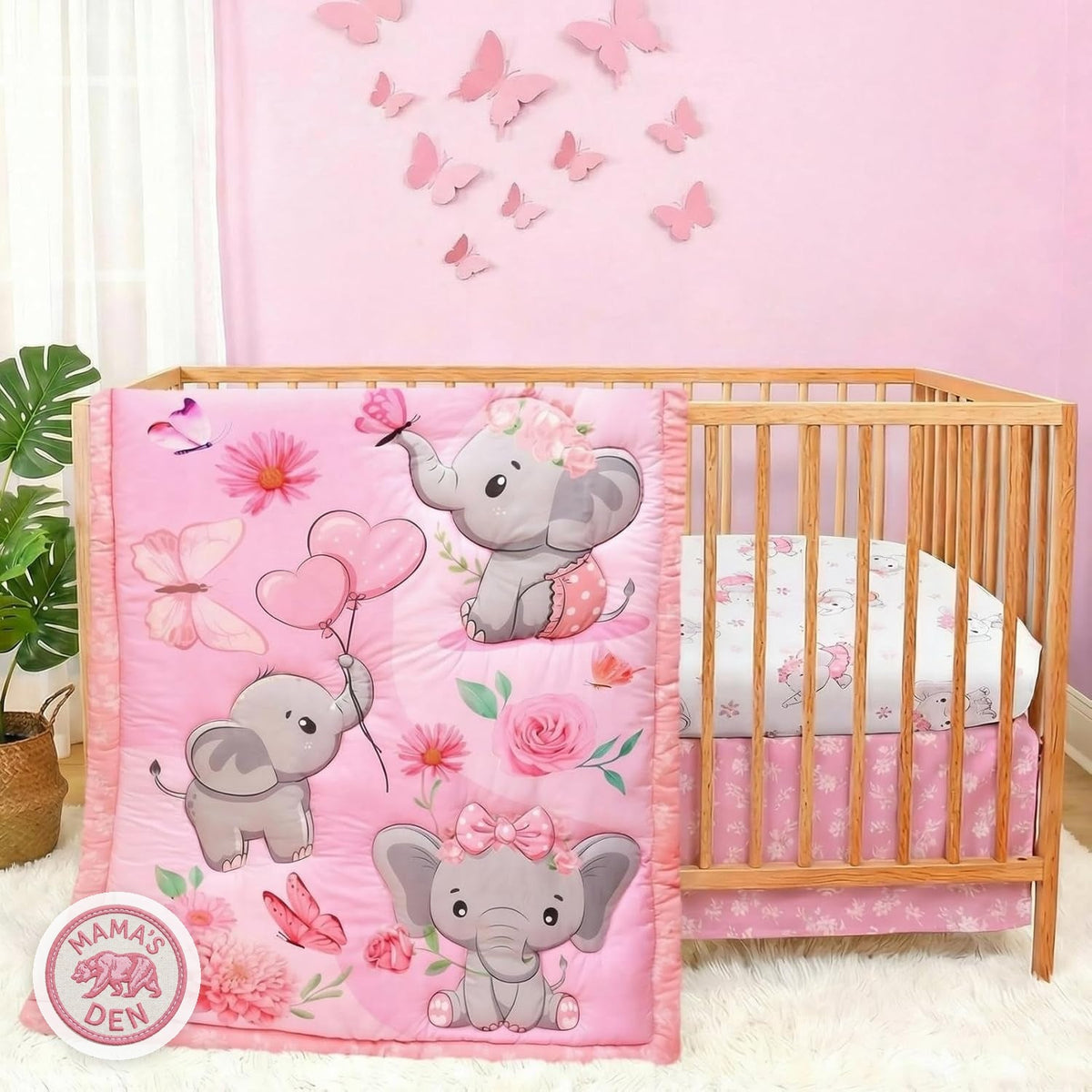 Pink elephant crib bedding set with comforter, fitted sheet and bed skirt