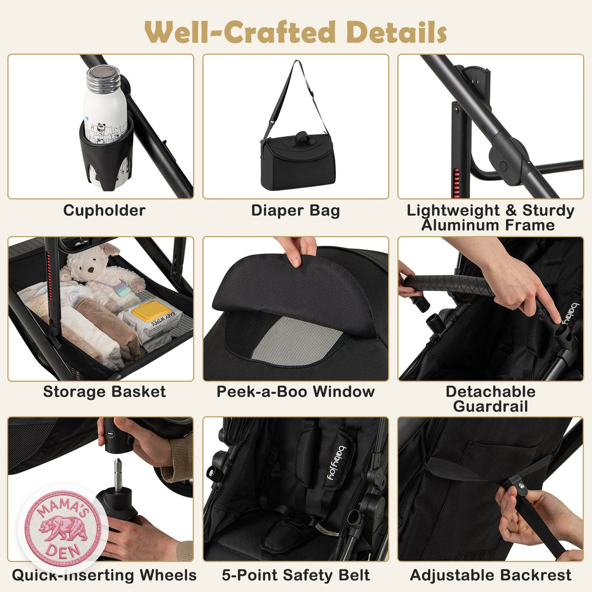Bearmobile Cradle details and included diaper bag