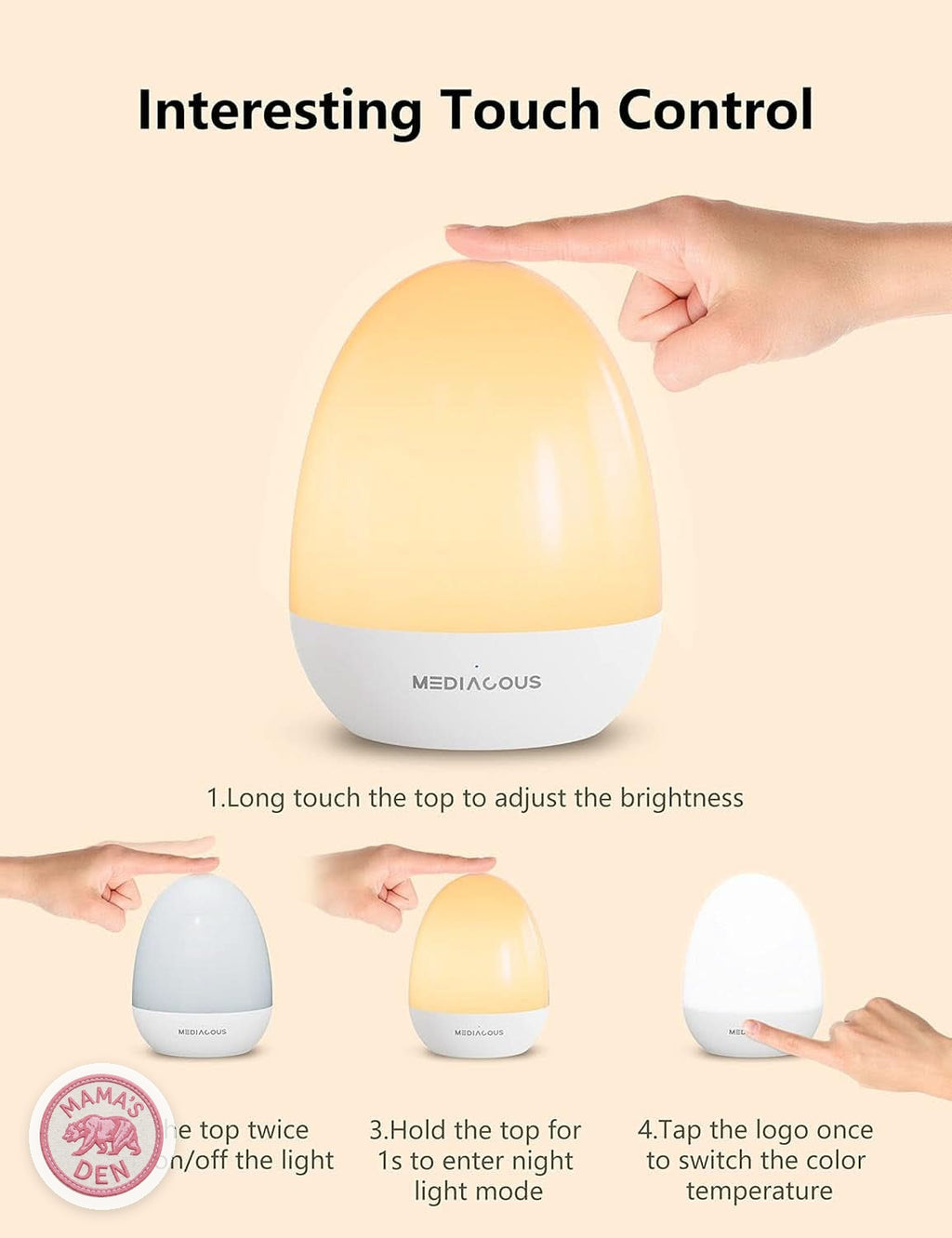 Mama's Den Rechargeable Touch Night Light with 1-Hour Timer