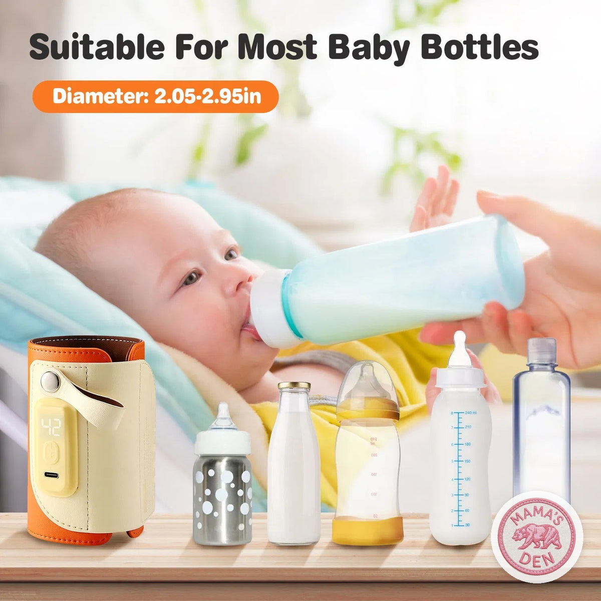 Fits most baby bottles 2.05–2.95 in wide