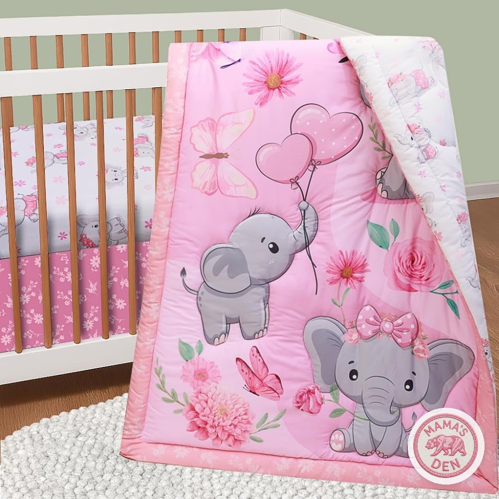 Pink elephant crib bedding set, view 5 of 8